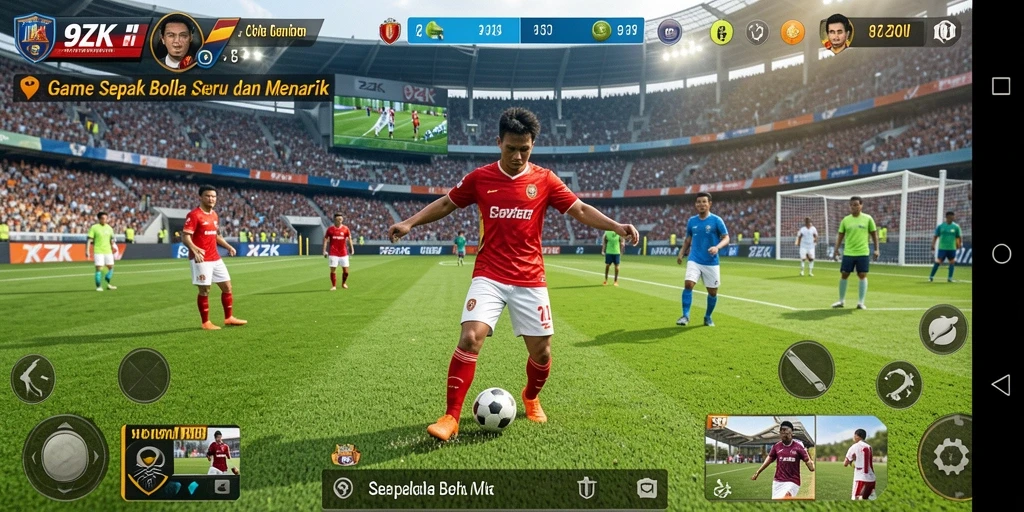 Screenshot gameplay <strong>9ZK</strong> yang menampilkan aksi menyerang dalam sepak bola.