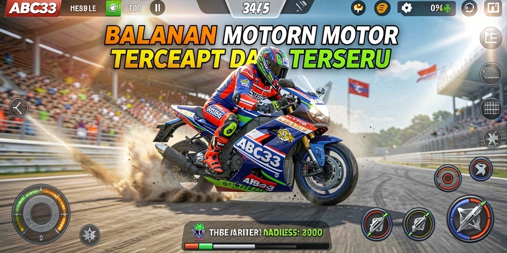 Screenshot gameplay ABC33 menampilkan balapan motor yang mendebarkan.