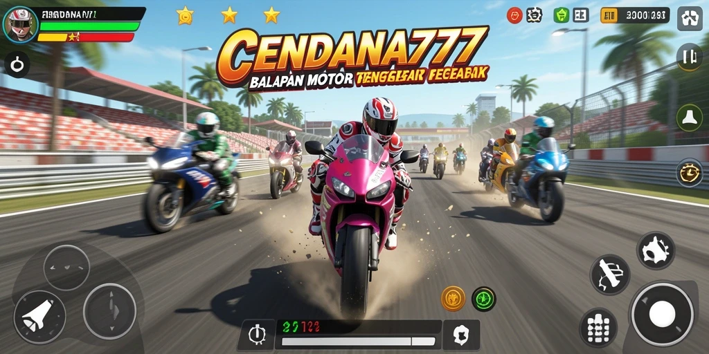 Screenshot gameplay CENDANA777 menunjukkan aksi balapan motor yang mendebarkan.