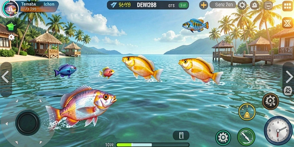 Tampilan gameplay seru dalam DEWI288 saat menembak ikan.