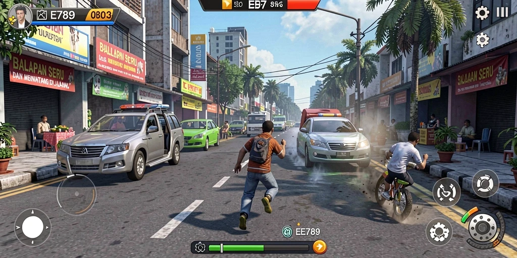 Gameplay EE789 menampilkan balapan seru di berbagai trek menantang.