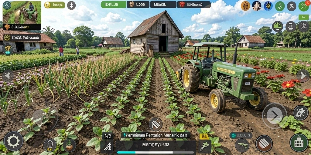Screenshot gameplay IDKLUB menampilkan pertanian yang asri dan interaktif.