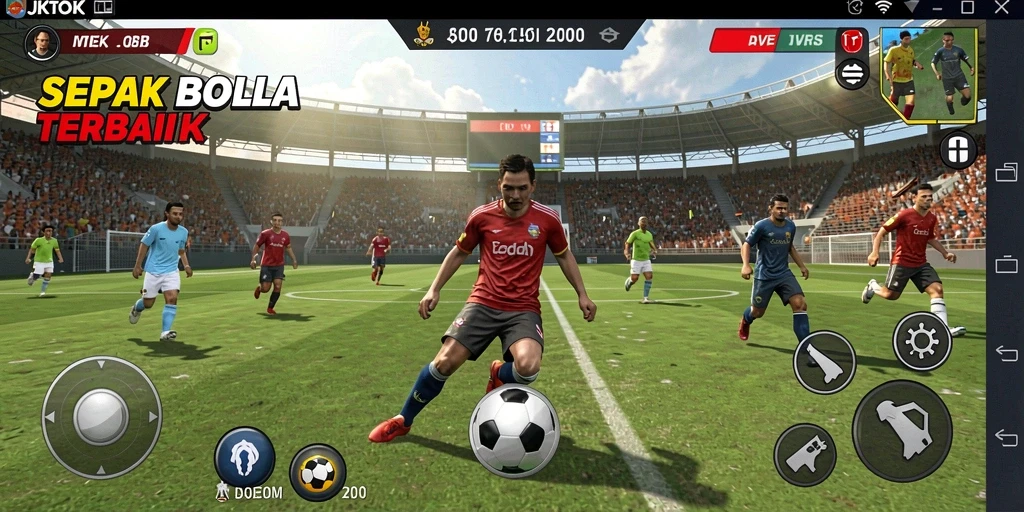 Tangkapan layar gameplay JKTOK yang menampilkan aksi sepak bola seru.