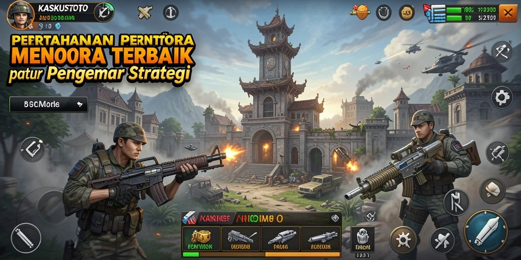 Screenshot gameplay KASKUSTOTO dengan aksi menara pertahanan yang intens.