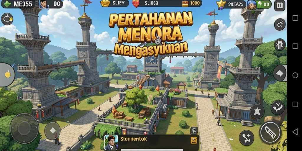 Screenshot ME355 menampilkan tindakan pertahanan menara yang seru.