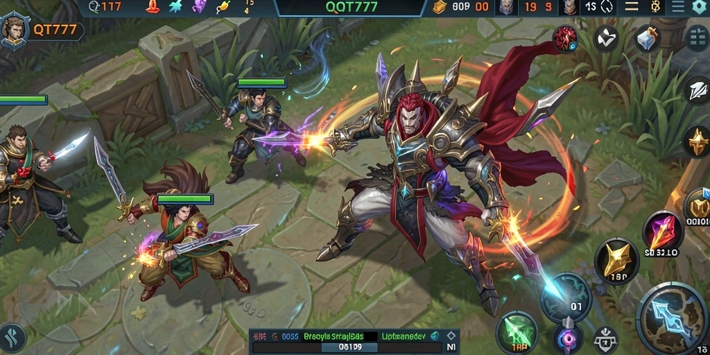 Screenshot gameplay QT777 dengan karakter bertarung di arena MOBA.