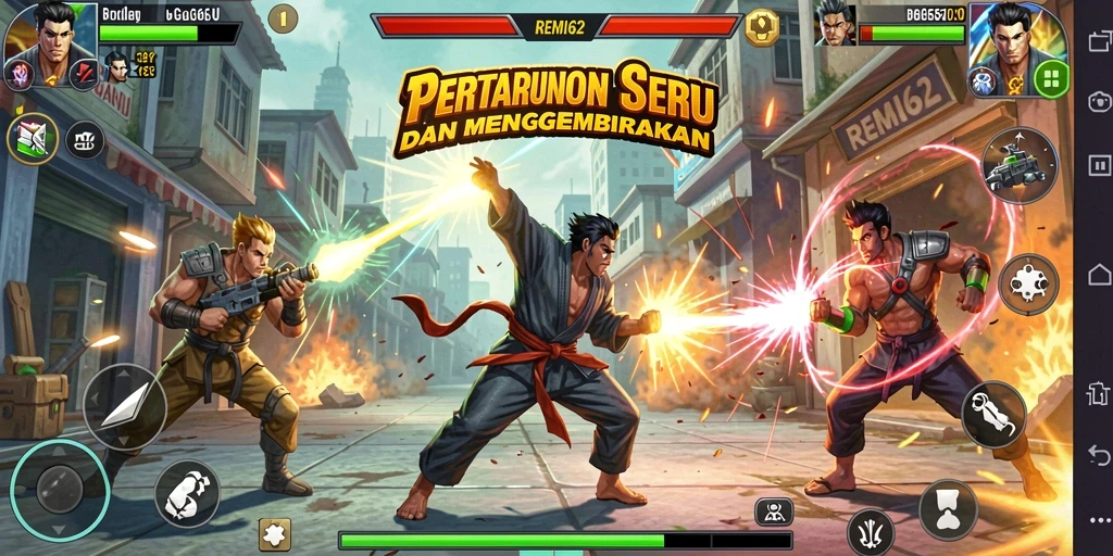 Tampilan seru gameplay pertarungan REMI62 di arena.