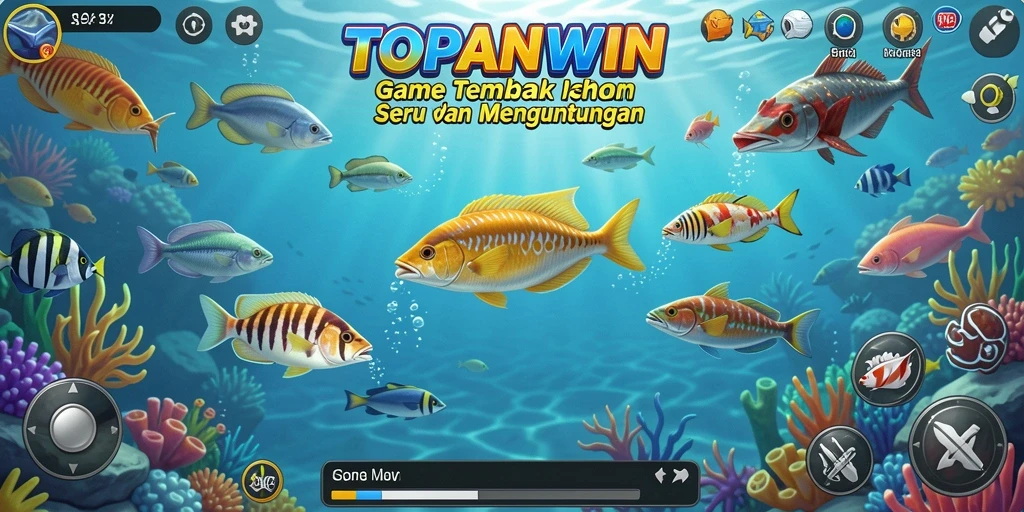 Tampilan gameplay <strong>TOPANWIN</strong> dengan berbagai ikan menarik untuk ditangkap.