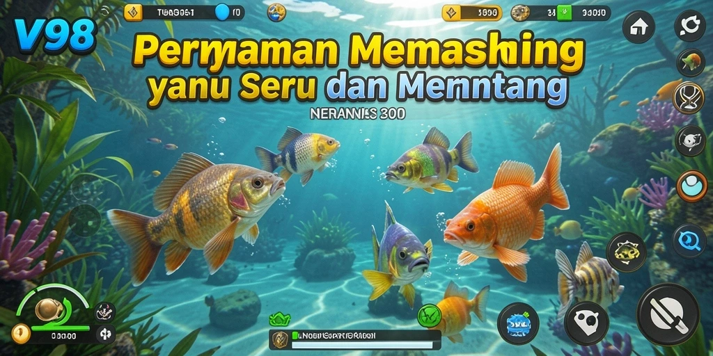 Screenshot menampilkan gameplay memancing yang mendebarkan di V98.