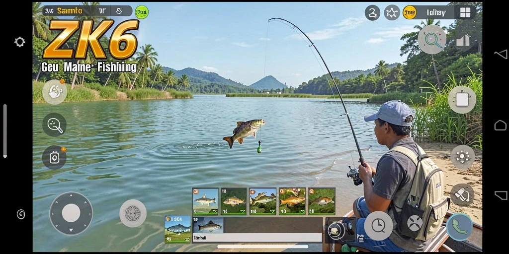 Screenshot ZK6 menampilkan pemain menangkap ikan di lokasi indah.